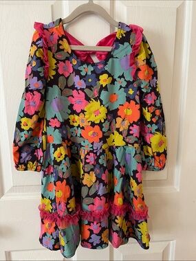 Girls' Bright Floral Ruffle Long-Sleeve Dress - Black Multi